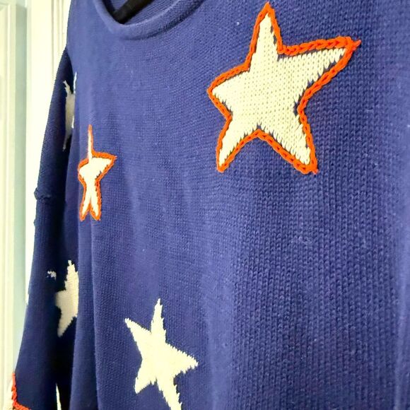 Blank Paige Long Sleeve Sweater Navy Blue with White Orange Stars Medium - Picture 2 of 6